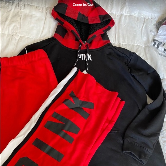 PINK VS Sherpa lined campus hoodie boyfriend pant red buffalo check 2018 - Picture 2 of 16
